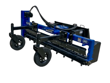 A blue and black MTW brand power rake with black wheels.